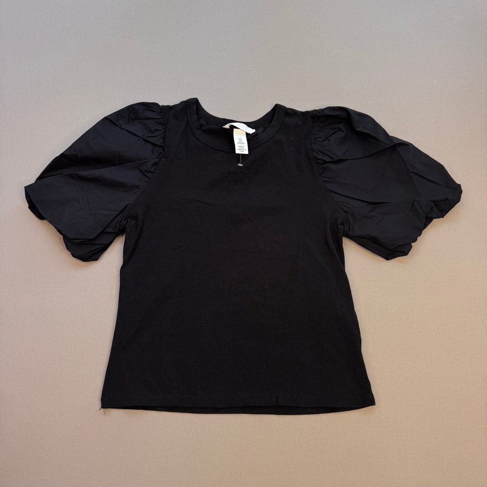 H&M Womens Black Puff Sleeve Knit Top Crewneck Short Balloon Sleeve Tee Small
